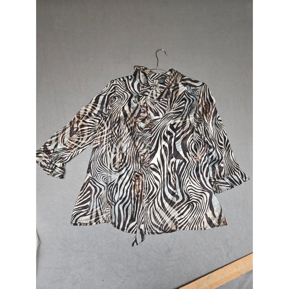Doncaster Collection Zebra Print 100% Silk Blouse 3/4 Sleeve Black White Tan